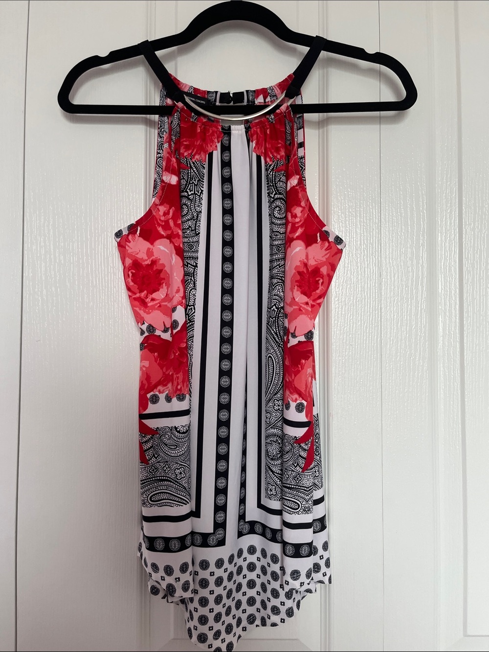 INC International Concepts Red Floral & Black White Bandana-Print High Halter